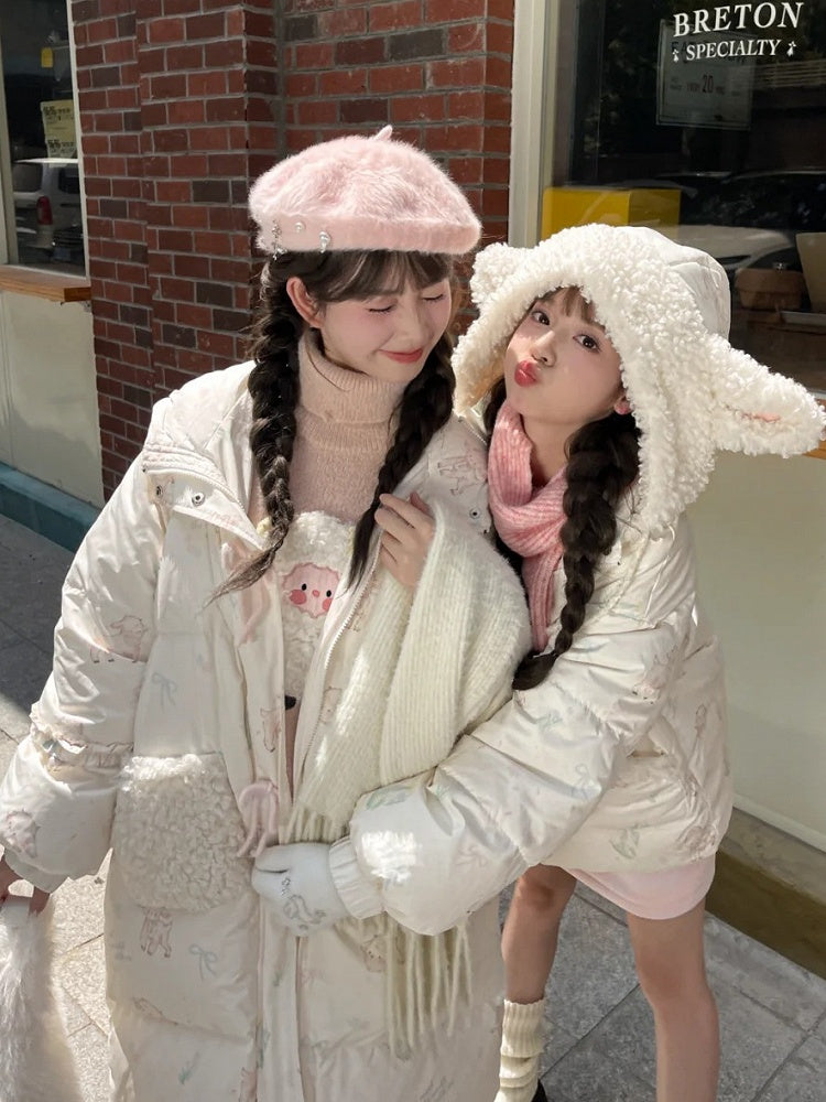 Süße weiße Daunenjacke mit Kapuze und Lamm-Print, kurze/lange Version