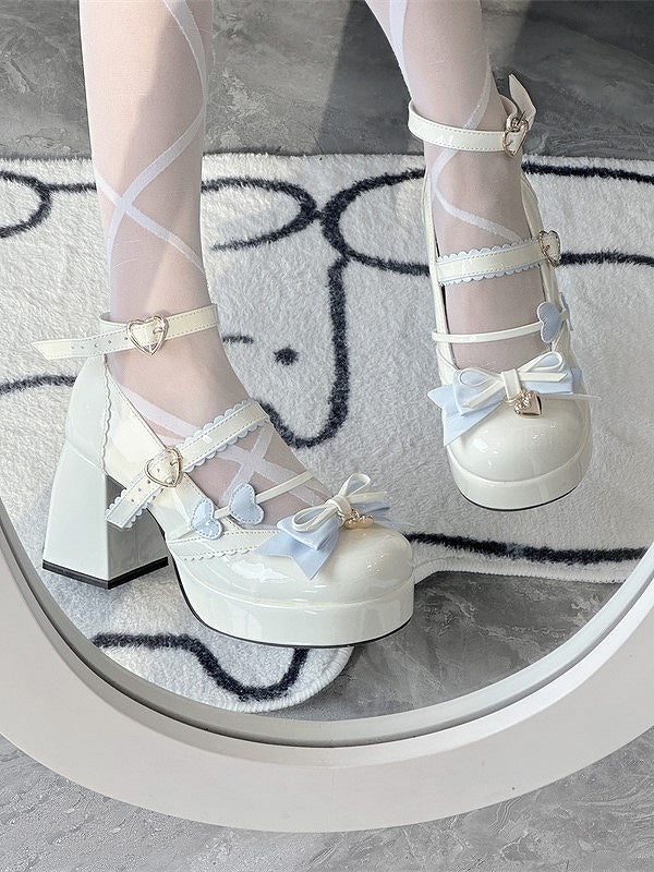 and - Elegant Round Details Lolita High-heel Shoes Blue Toe Bow White