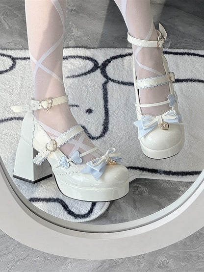 and - Elegant Round Details Lolita High-heel Shoes Blue Toe Bow White