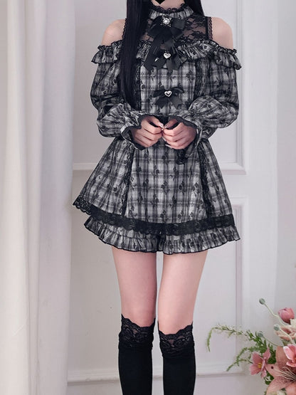 セットスカート カットアウトショルダー ミニショーツ ジライケイ イリュージョンドレス ネックライン チェック柄 フリルグレー裾
