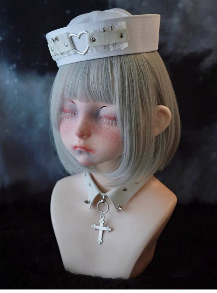 White Heart-shaped Ring Studs Pins Lace Sailor Hat