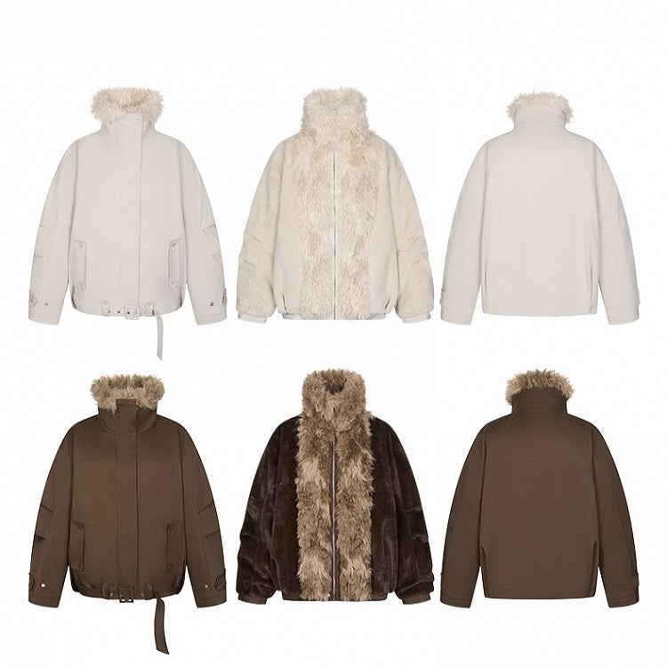 Short Brown/White Jacket Faux Fur Belt Buckle with Collar