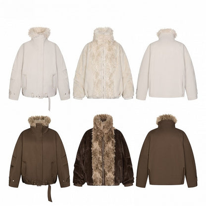 Short Brown/White Jacket Faux Fur Belt Buckle with Collar