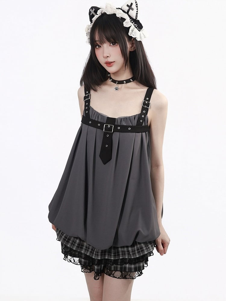 Black & Gray Bubble Hem Cami Dress with Plaid Ruffle & Metal Buckle Accents - PINK SAVIOR