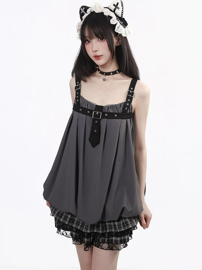 Black & Gray Bubble Hem Cami Dress with Plaid Ruffle & Metal Buckle Accents - PINK SAVIOR