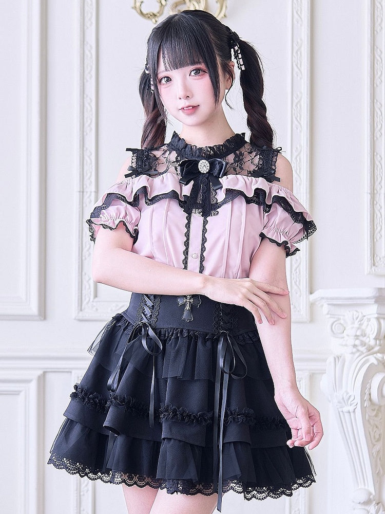 Bluse Top Schwarze Schulter Jirai Illusion Offen mit Kontrast Kei Ausschnitt Pink