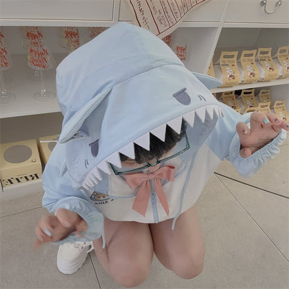 ジャケット シャークデザイン フード ブルー＆ホワイト カラーブロックデザイン ウィンドブレーカー