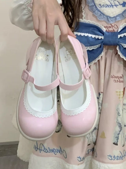 Pink Low/Mid Edge Mary Ear Light Bear Detachable Sweet - Scalloped Heel Bow Janes with Lolita