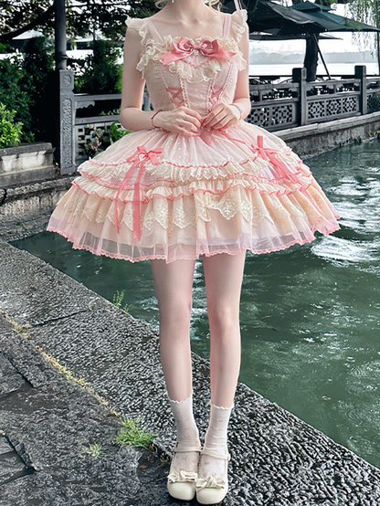 Süßes Lolita-Kleid mit Schleife, flatterndes rosa Mieder mit Schnürung, hoch taillierte Ärmel mit großem, abnehmbarem Pulloverrock