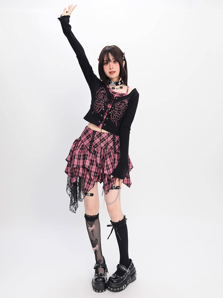 Top Faux Y2K Schnürung vorne Schmetterlingsdruck Schwarz Pink Plaid Zweiteiler und
