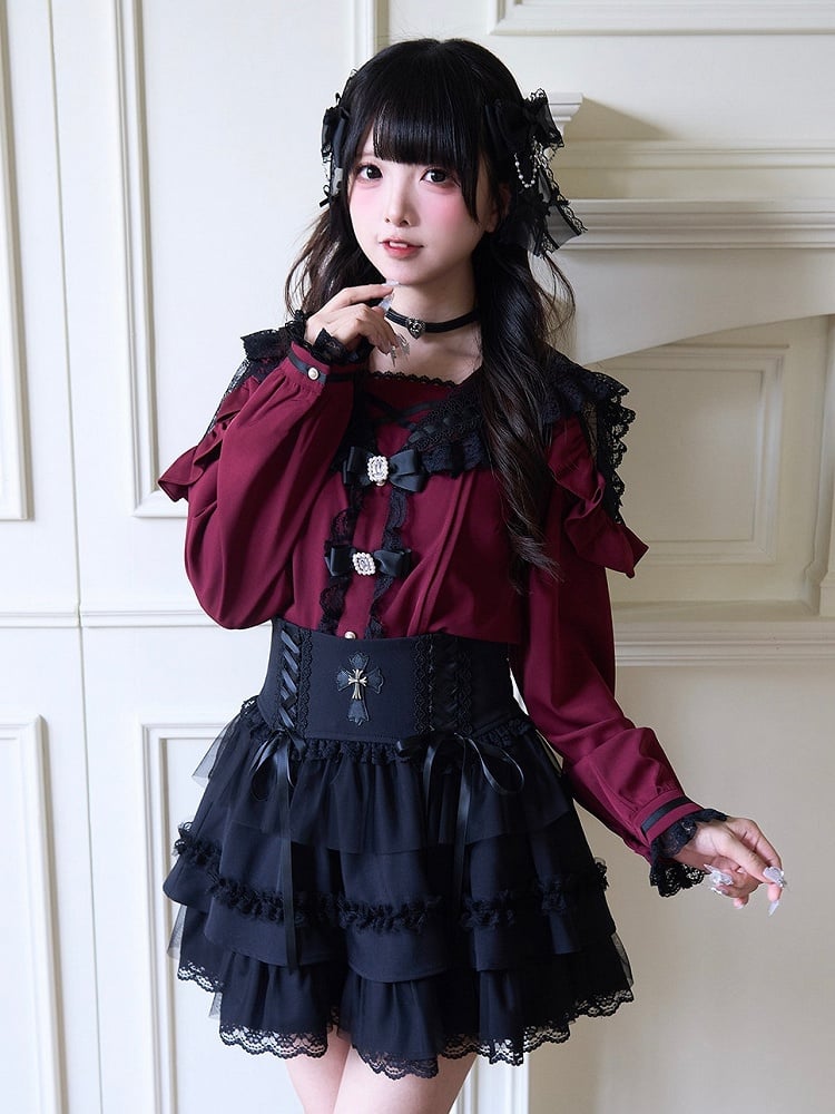 Jirai and Tiered with Details Skirt Lace Lace-up Cross Kei Ruffle Black