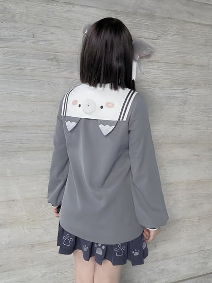 Gray Sailor Collar Top with Wolf Ears and Pom Poms - To Alice
