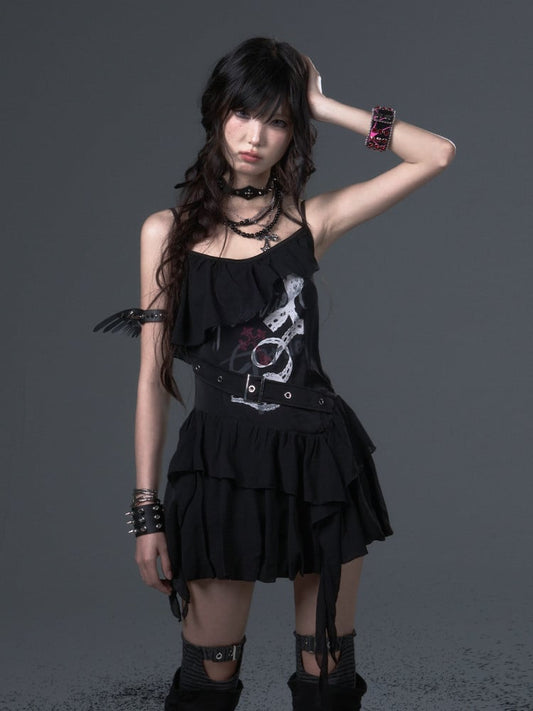 Straps Thin Black Print Slim-fitting Shoulder Top Cami - Floral Ruffled Trim