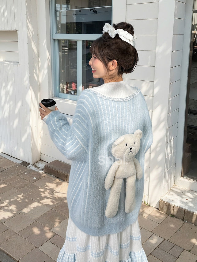 Cute Little Bear Plushie Adorned  Blue Striped Loose Cardigan