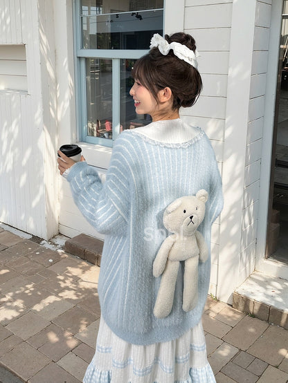 Cute Little Bear Plushie Adorned  Blue Striped Loose Cardigan
