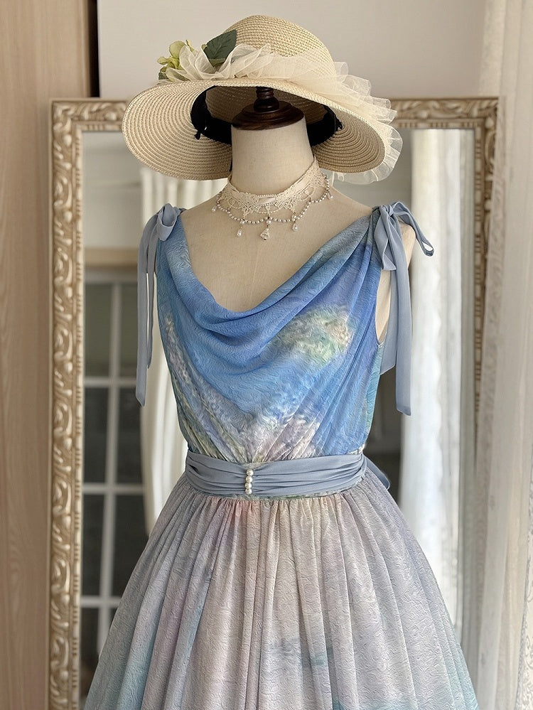 Blue Ocean Oil Painting Print Elegant Lolita Maxi Dress with Cowl Neckline and Tie Straps