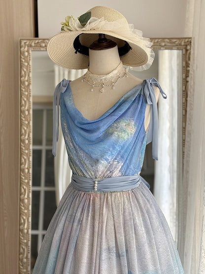 Blue Ocean Oil Painting Print Elegant Lolita Maxi Dress with Cowl Neckline and Tie Straps