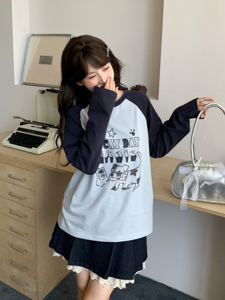 トップス ホワイト/ブルー カラーブロックデザイン 愛らしい子犬プリント ルーズ