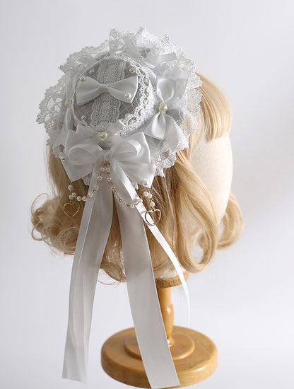 - Lace and Bowknot Gorgeous Heart Decorations Charms With Shaped Bead Lolita Hat White Mini