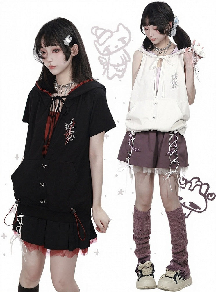 Sporty Kawaii Black & Red Mini Skirt with Lace-Up Details - PINK SAVIOR