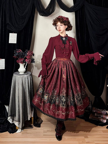Lolita Print Gothic Candelabras Lace with Trim Red Wings Skirt Bat