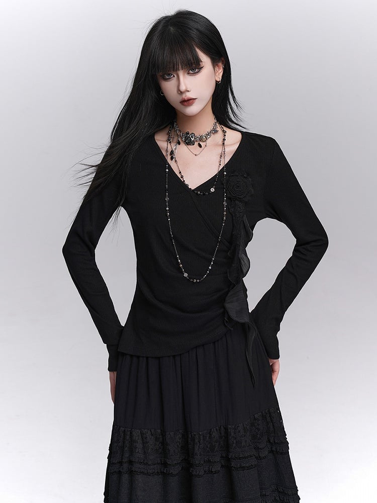 3D with Rose Ruched Top Black Gothic Sleeve Ribbon V-Neck Detail Long