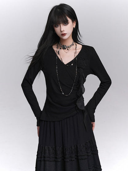 3D with Rose Ruched Top Black Gothic Sleeve Ribbon V-Neck Detail Long