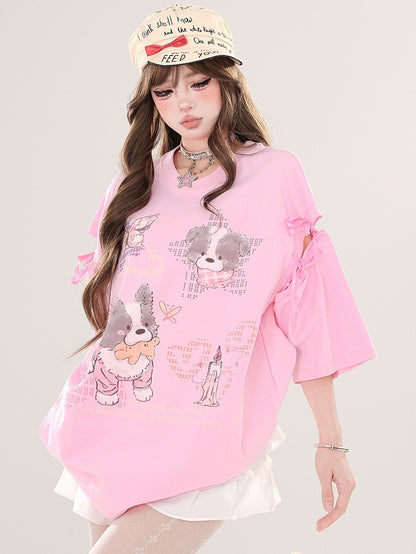 ピンク/アプリコットの漫画の子犬のタイアップカットアウトスリーブTシャツ