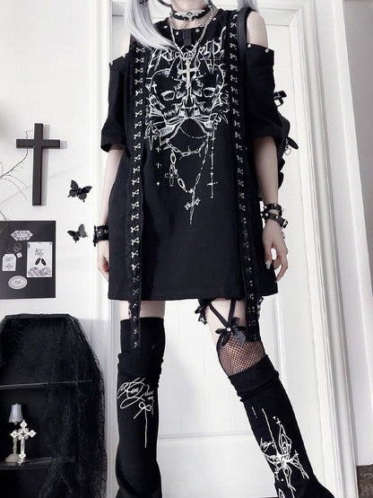 PrintCutout Punk T-shirtwith Emo Cross Black White Design Gothic Shoulder
