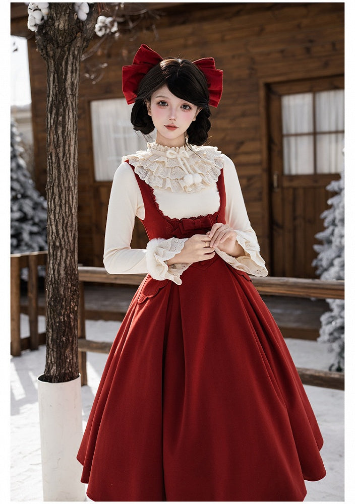 Long Rosette Boned Dress Version Lolita Waist Red Embroidery