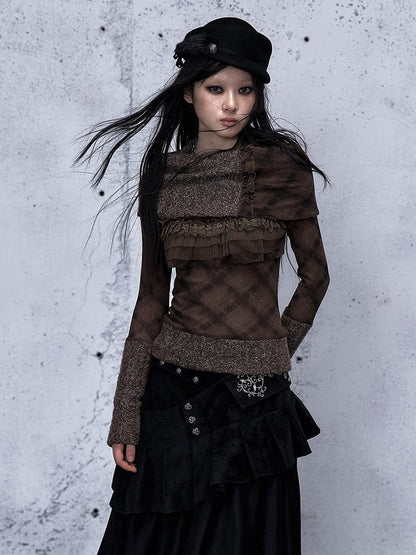 Long Lace Trim Vintage Sleeve Top Crisscross Dark with Pattern Ruffle Stripe Green Punk