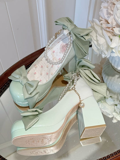 Green Sweet Toe Bowknot Lolita Platform Janes Round Mary Shoes Details
