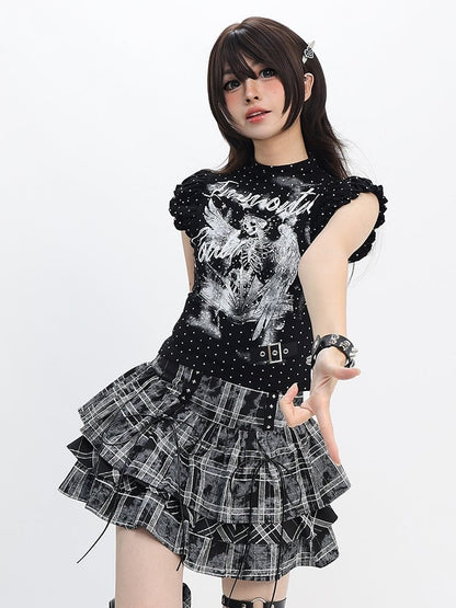 Black White Flutter Sleeve Top with Angel Skeleton Print - Catwish