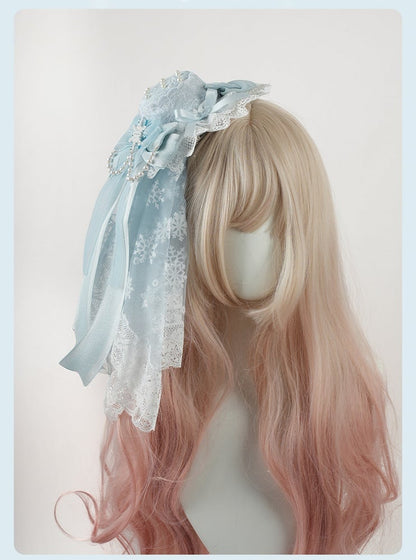 Blue Big Bow Lace Trim Snowflake Beaded Chain Mini Hat+Snowflake Pattern Lace Veil