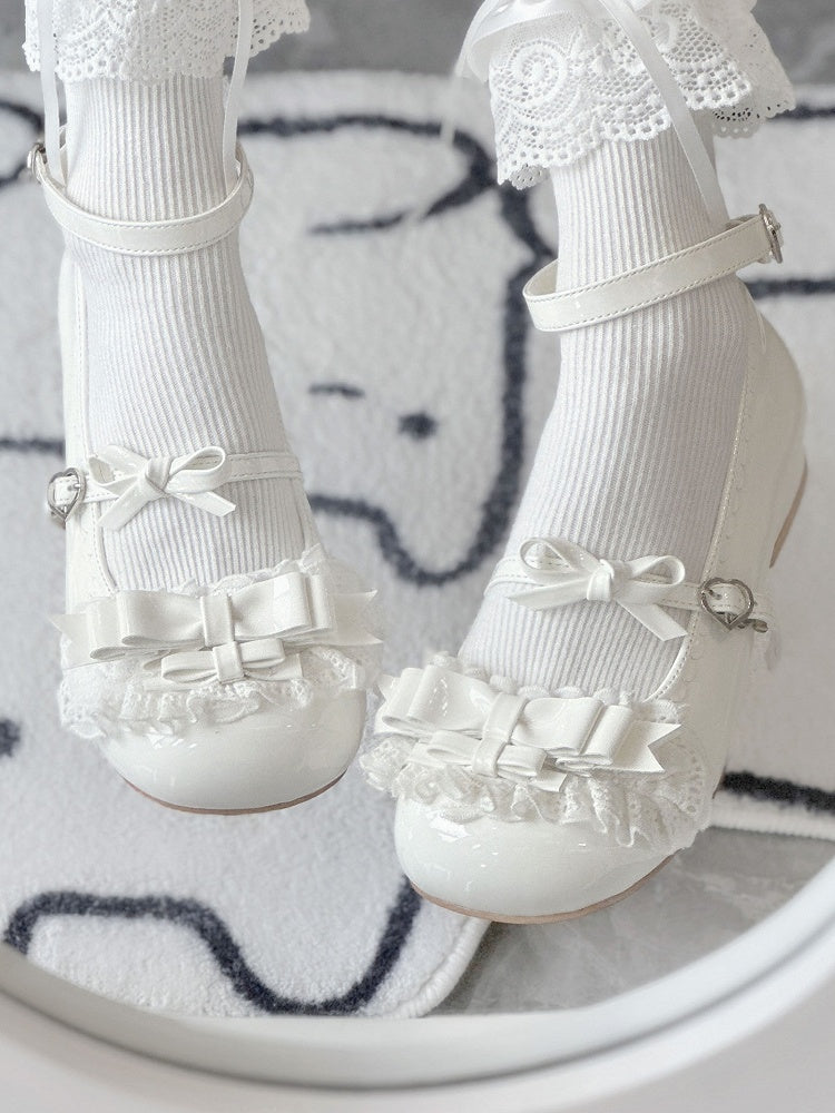 White Low-Heel Mary Janes with Ruffled Lace by Raccoon Toast