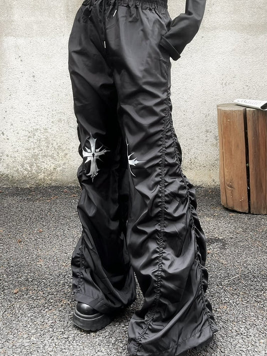 ウエストクロスプリントデザイン ドローストリング ブラック ルーシュ カジュアルパンツ