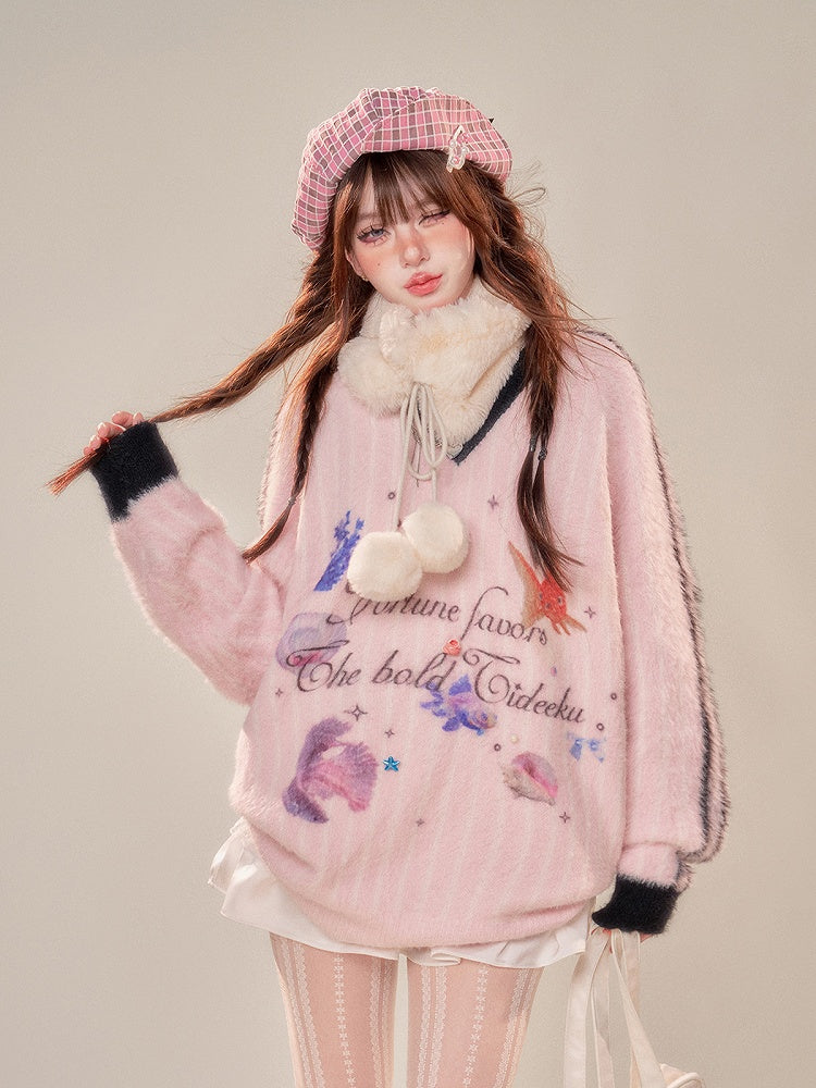 V-Neck Plush Sweater with Oceanic Prints Cozy Pink Stripes