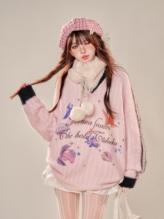 V-Neck Plush Sweater with Oceanic Prints Cozy Pink Stripes