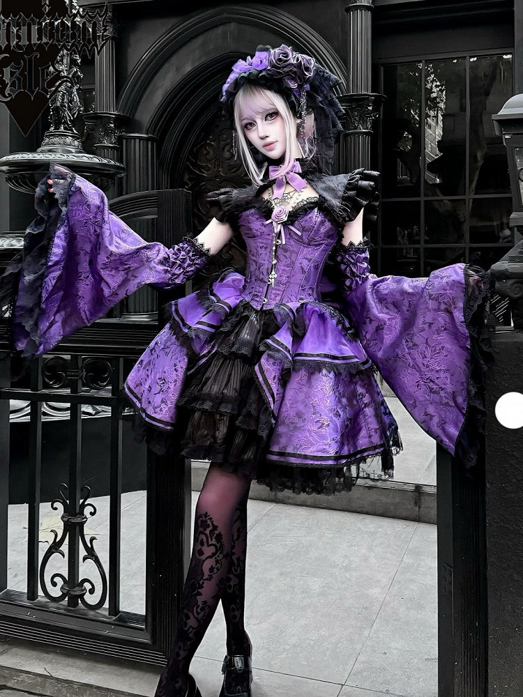 Purple Black Gothic Corset Ensemble Skirt Collar Bell Sleeves Set - Somnium Isle