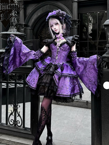 Purple Black Gothic Corset Ensemble Skirt Collar Bell Sleeves Set - Somnium Isle