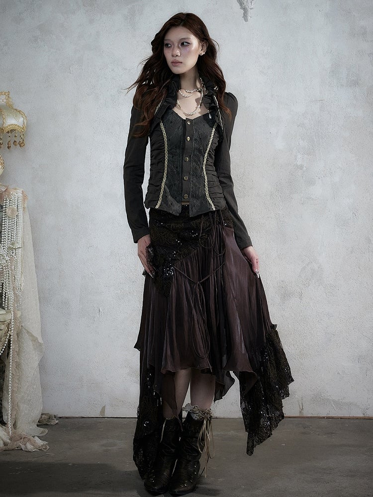 Rococo Punk Army Green Faux Two-Piece Long Sleeve Blouse with Lace and Ruffle Accents - NO ROMANCE