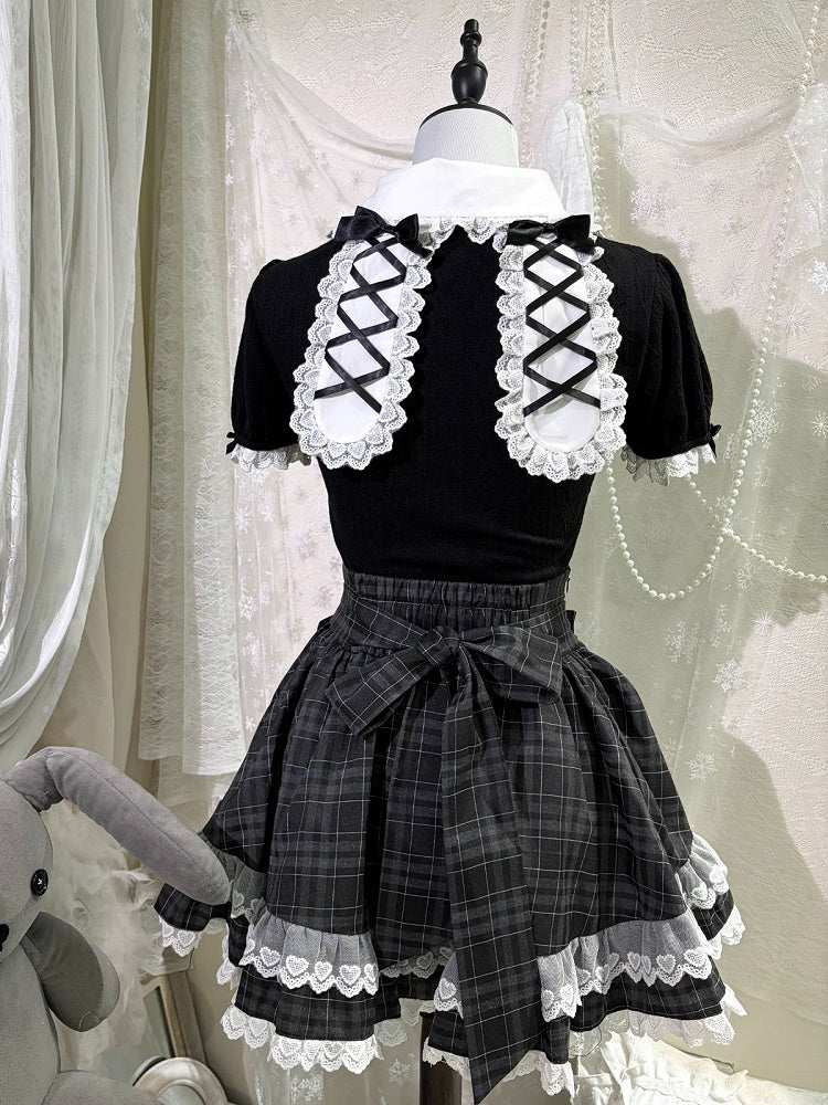 Apron Design High-Waisted Plaid Skirt with Lace, Black & White Maid Style - kukuwa