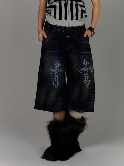 Buckle Distressed Jeans Blue Print Faded Wash Glamorous Belt with Cross