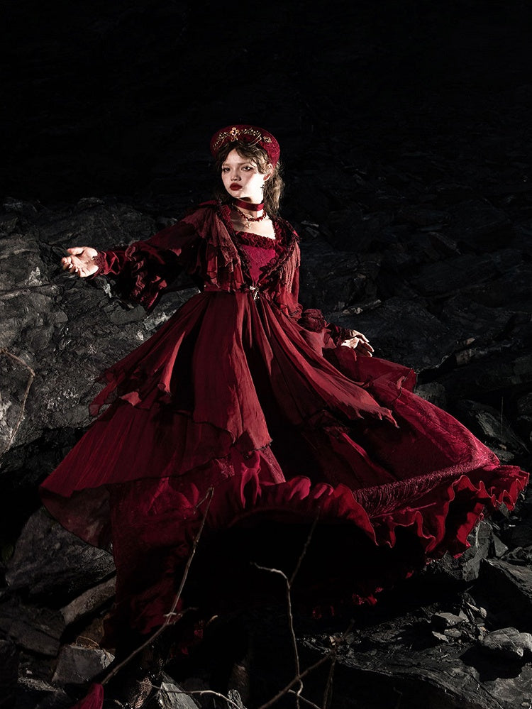 Red Gothic Lolita Ruffle Trim Hooded Top