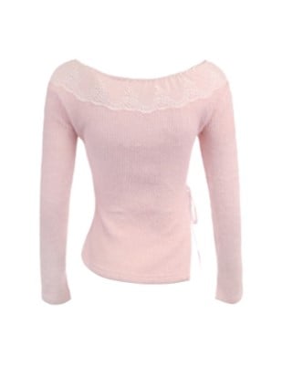 Rosa Strickpullover mit Schleifenakzenten und verspieltem Banddetail, V-Ausschnitt mit Spitzenbesatz