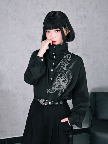 Blouse Cheongsam Five-Poison Ruched with Gothic Black Print Draping