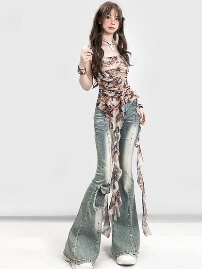 Verzierte Jeans, verblasste Bündchen, Y2K, ausgefranst, glamourös, blau, roh, Schlagtasche, Silhouette, gewaschen und