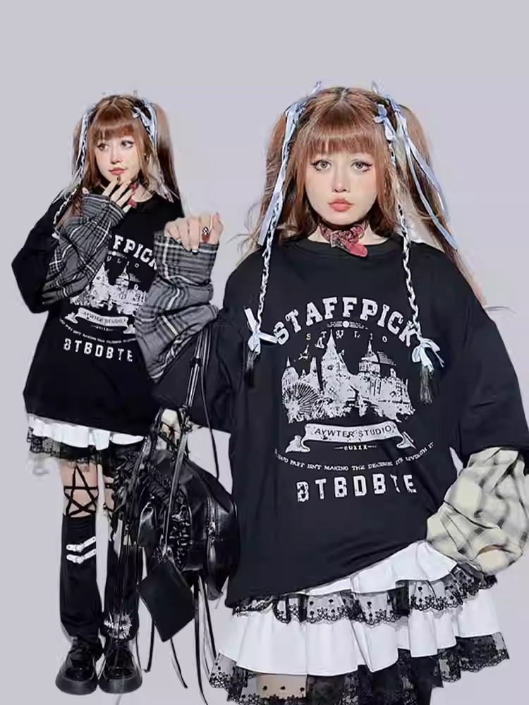 Black Plaid Round Neck Letter Layered-Look Sweatshirt