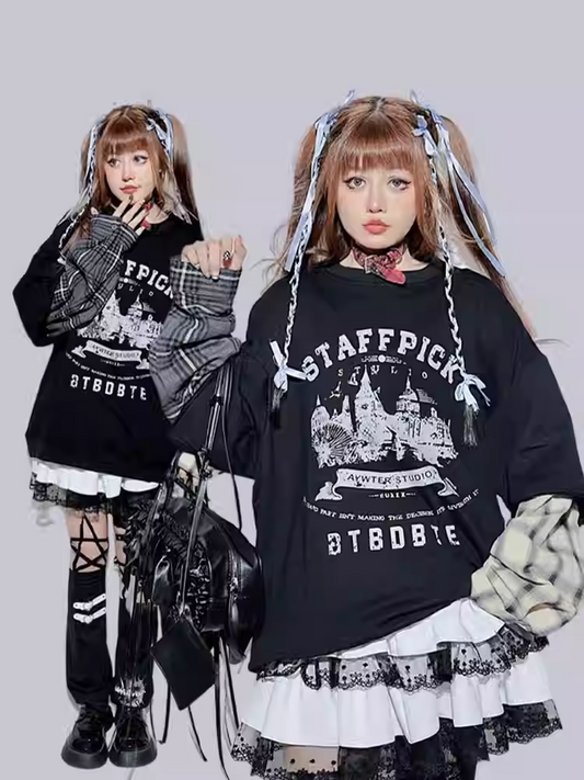 Schwarzes kariertes zweiteiliges Sweatshirt mit Rundhalsausschnitt und Buchstaben