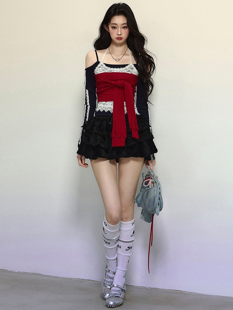 黒と赤の大胆なネクタイアクセントのホルターネック長袖トップス